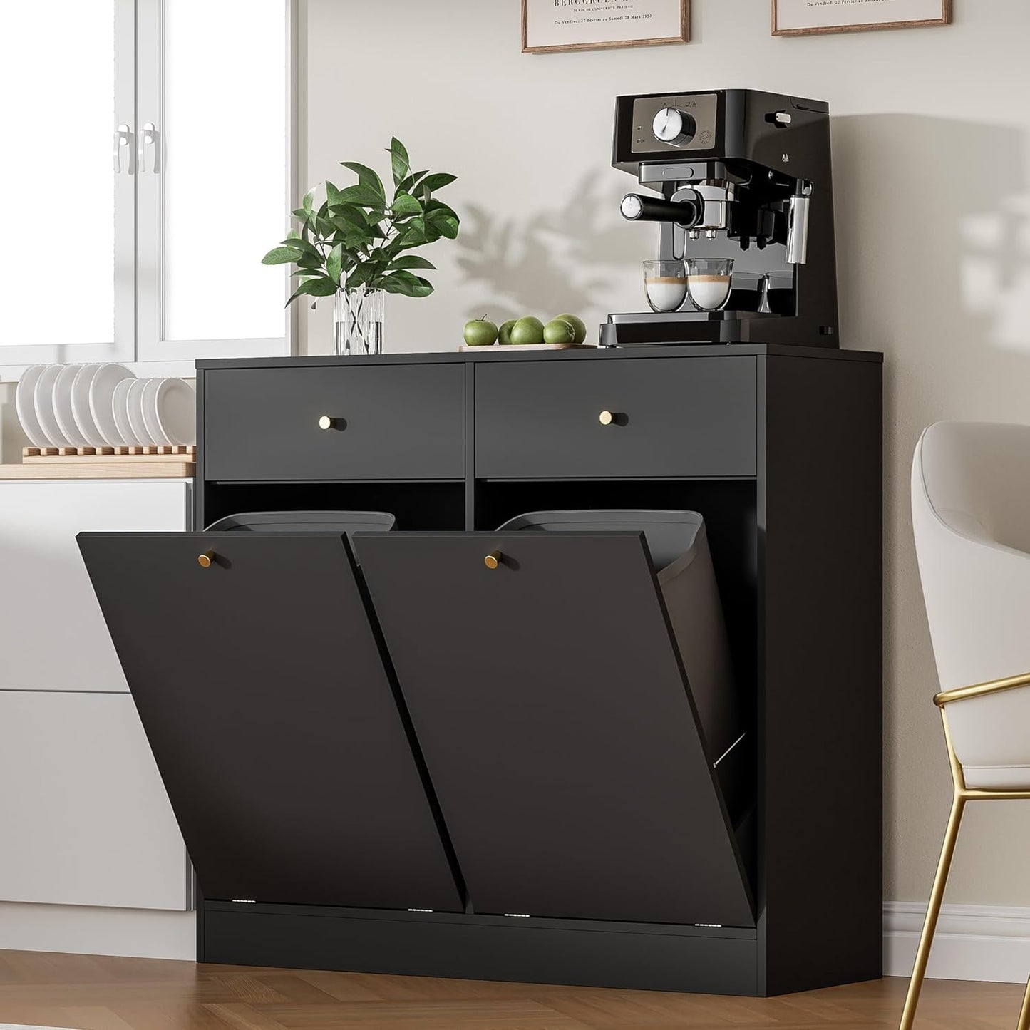 Double Tilt Out Trash Can Cabinet, Trash Storage Cabinet with 2 Drawers, Hidden Garbage Bin, Free Standing Laundry Sorter Organizer for Kitchen Dining Living Room, Bathroom, Black