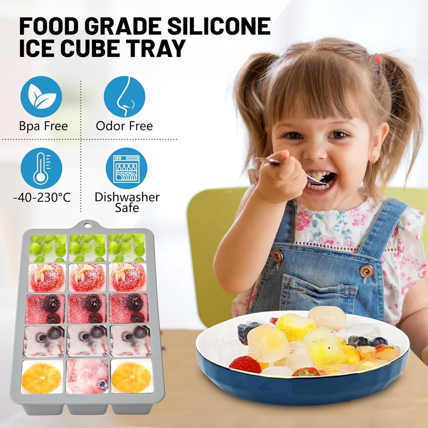 Silicone Ice Cube Trays 3Packs, Easy Release Ice Cube Molds with Lid, Freezer Stackable Ice Maker for Whiskey, Baby Food, BPA Free (Grey)