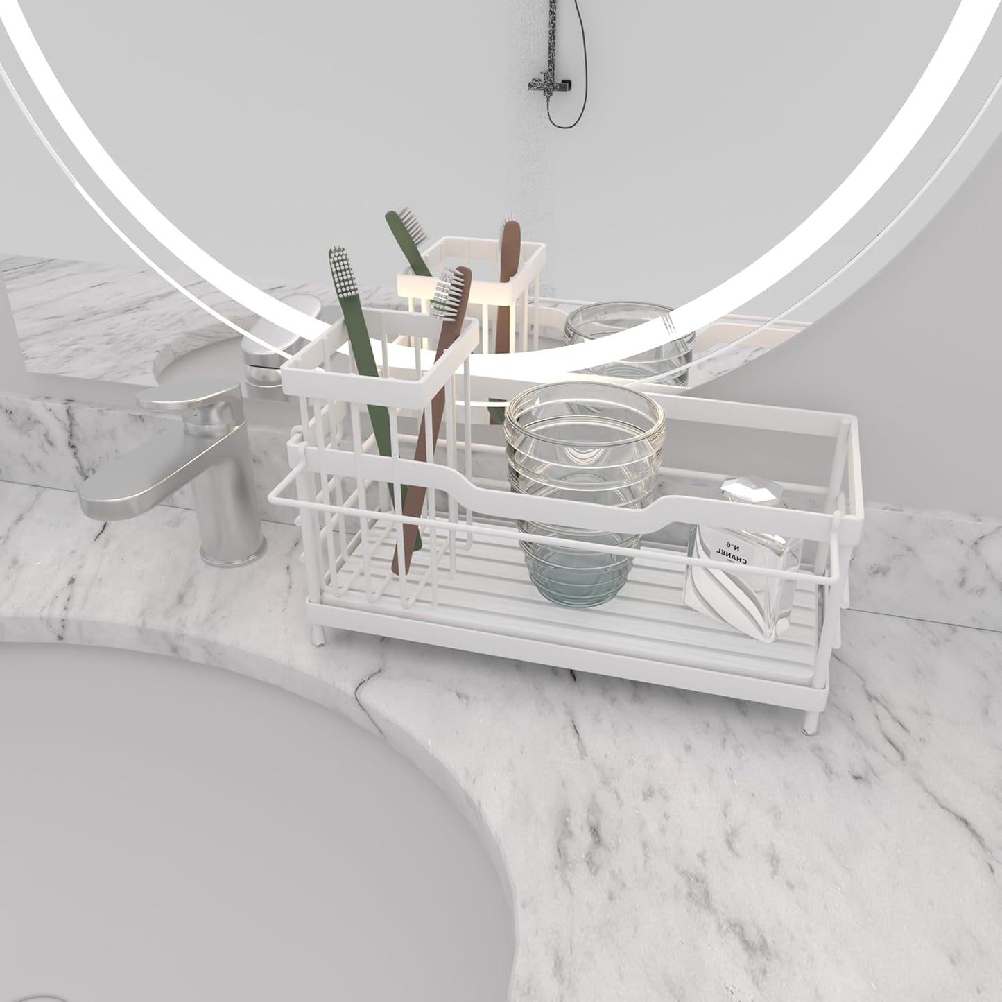 Sponge Holder for Kitchen Sink,Sink Caddy Organizer with Stone Drying Tray, Stainless Steel Kitchen Countertop Organizer for Sponge Soap Dispenser White