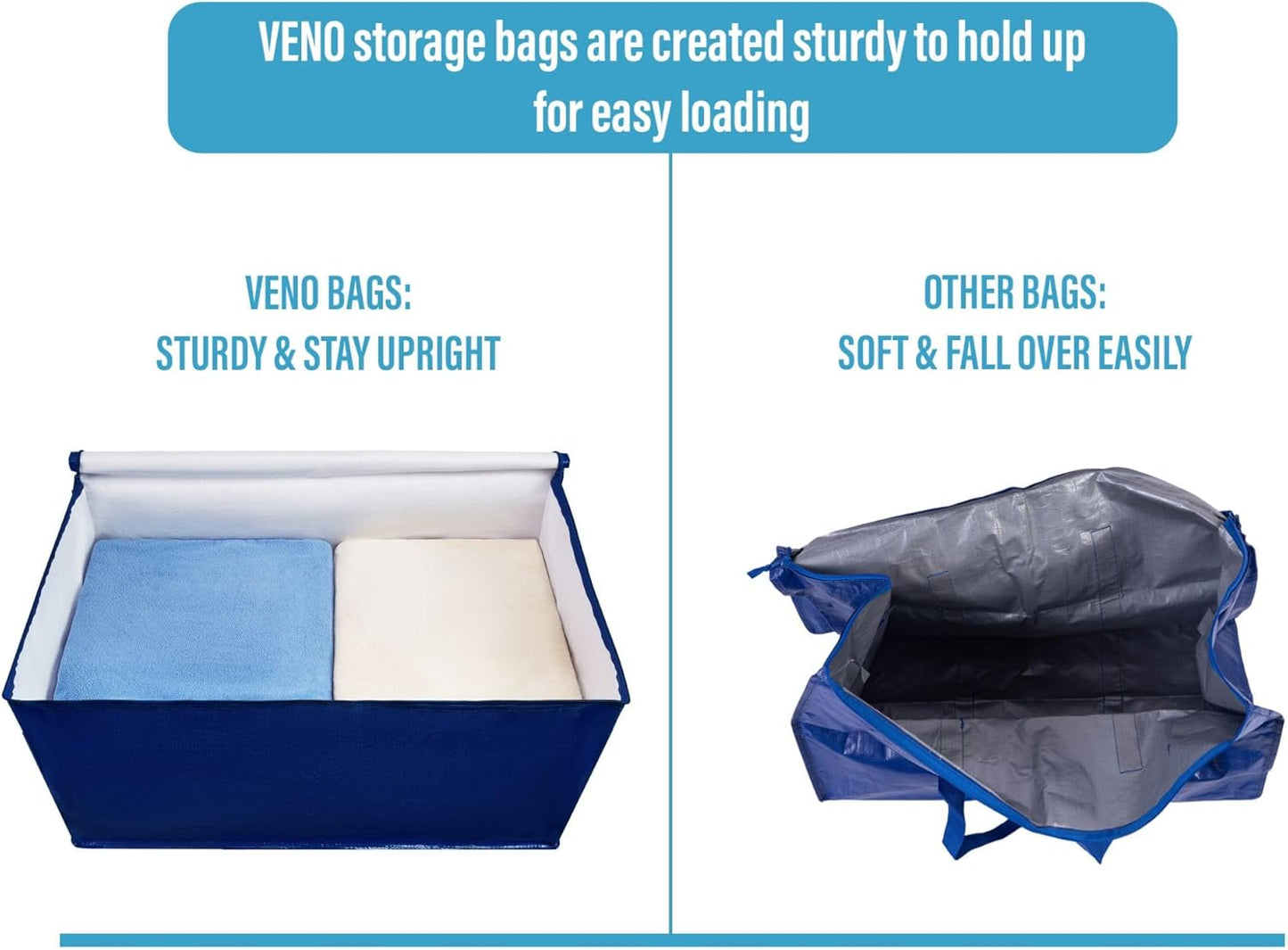 VENO 6 Pack Moving and Storage Bags, Heavy Duty, Alternative to Moving Boxes, Large Packing Totes Supplies for College Dorm Room with Zipper for Clothes, Wide Open Design (Blue, 6 Pack)