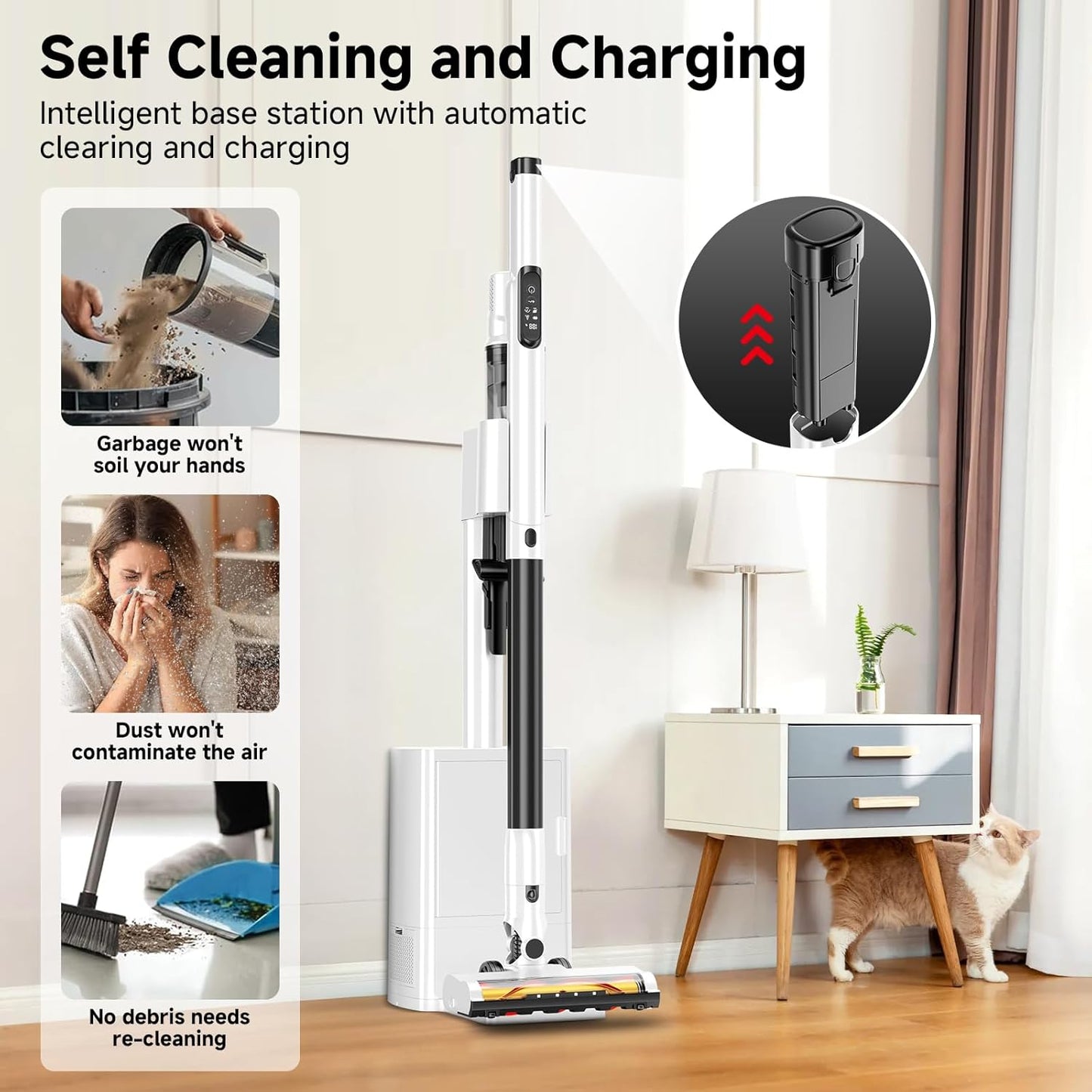 Self Clean and Empty Cordless Vacuum Cleaner with 2.5L Dust Base, Powerful Suction Handheld Vacuum, Auto Empty System, HEPA Filtration, Stick Vacuum for Pet Hair, Hardwood and Carpet, Black
