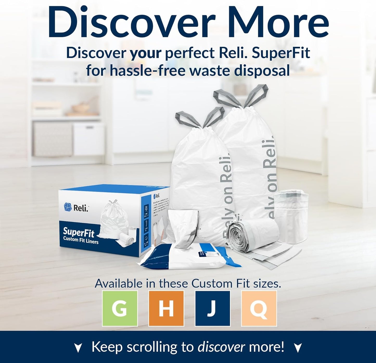 Reli. SuperFit Code Q (225 Count) | Compatible with Simplehuman Code Q | Custom Fit Liners | Drawstring Trash Bags | 50-65 Liter / 13-17 Gallon | White | Roll Pack