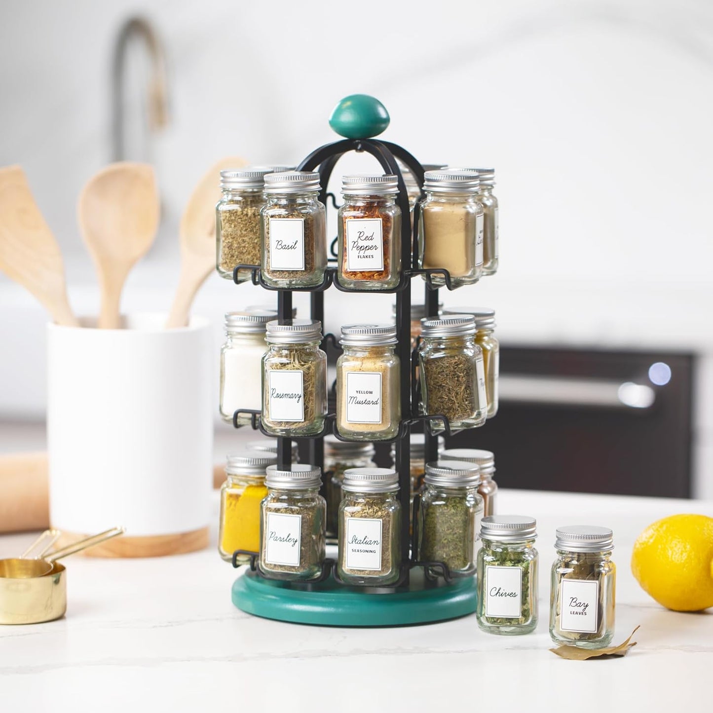 Orii Adrinova 24 Jar Revolving Spice Rack with Spices Included, Spice Organizer for Kitchen Countertop, Black & Green