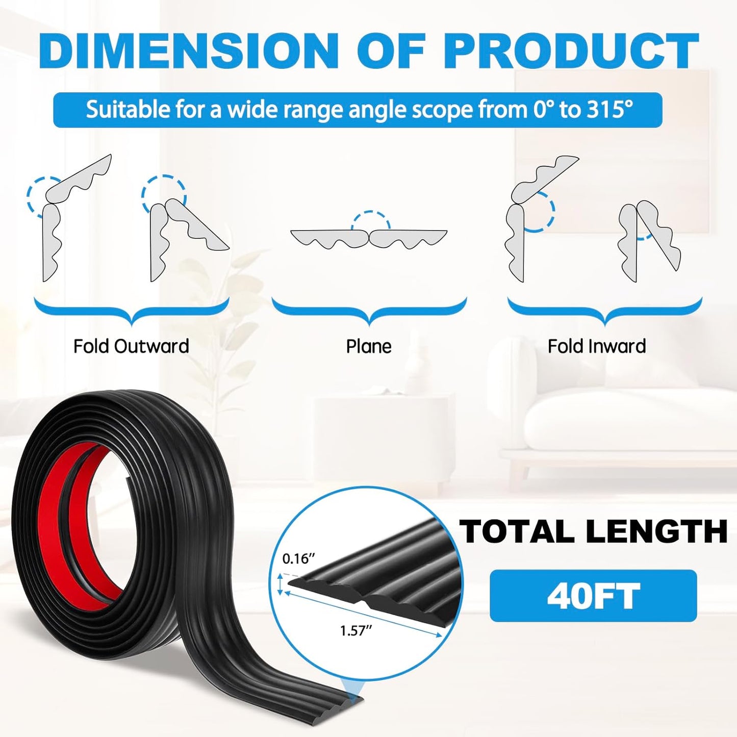 Wall Corner Protector Peel and Stick Corner Trim Molding Flexible Inside & Outside Wall Edge Guard Self Adhesive Moulding Trim for Edge Use, Black, 1.6” W x 40’ L