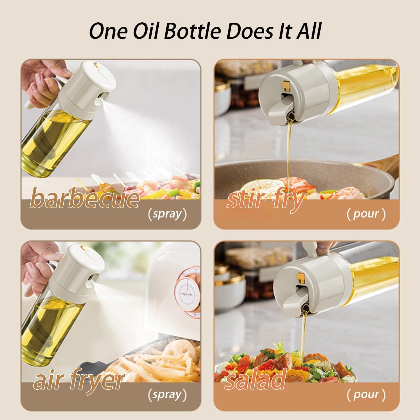 2 in 1 Glass Oil Sprayer and Dispenser for Kitchen, 550ml Olive Oil Bottle, Leakproof Food-Grade Oil Mister & Pourer for Air Fryer, BBQ, Salad, Baking