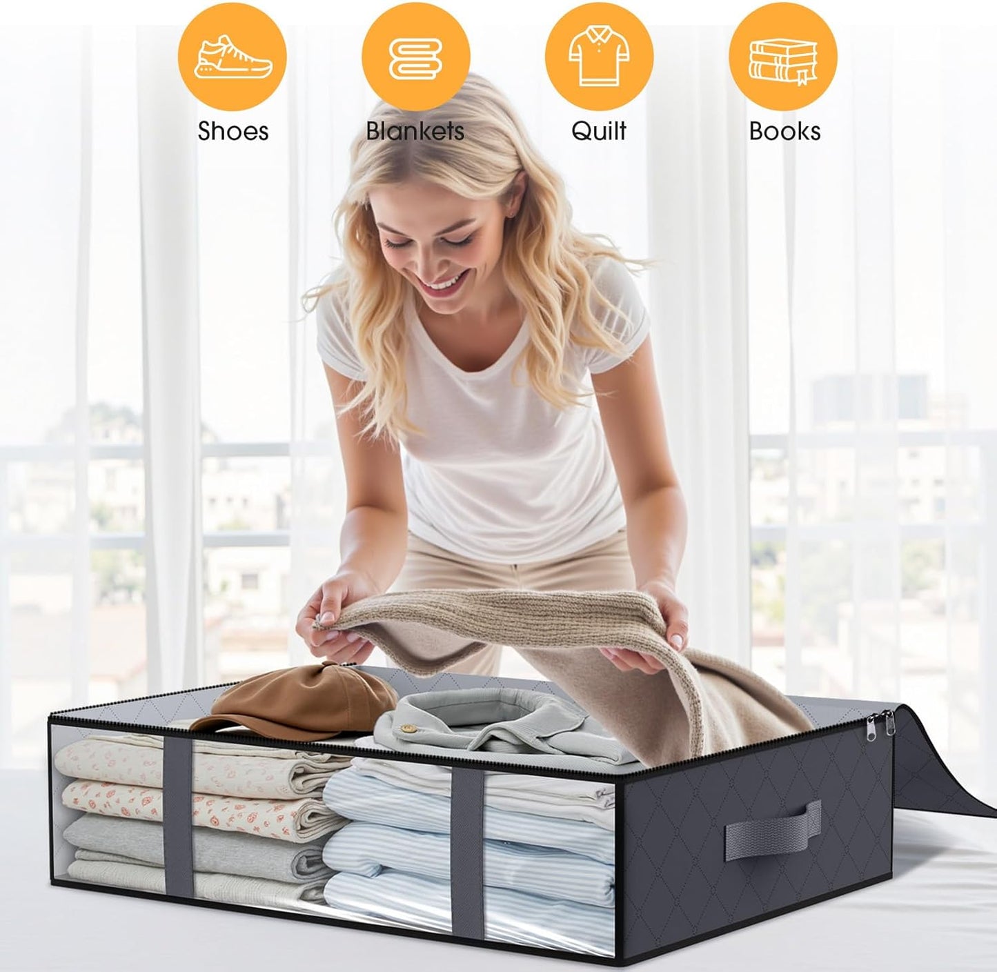 StorageRight Under Bed Storage Bins, 8-Pack 40L Foldable Fabric Storage Bags with Transparent Window, Breathable Organizer for Clothes/Blanket/Comforter/Quilt, Grey