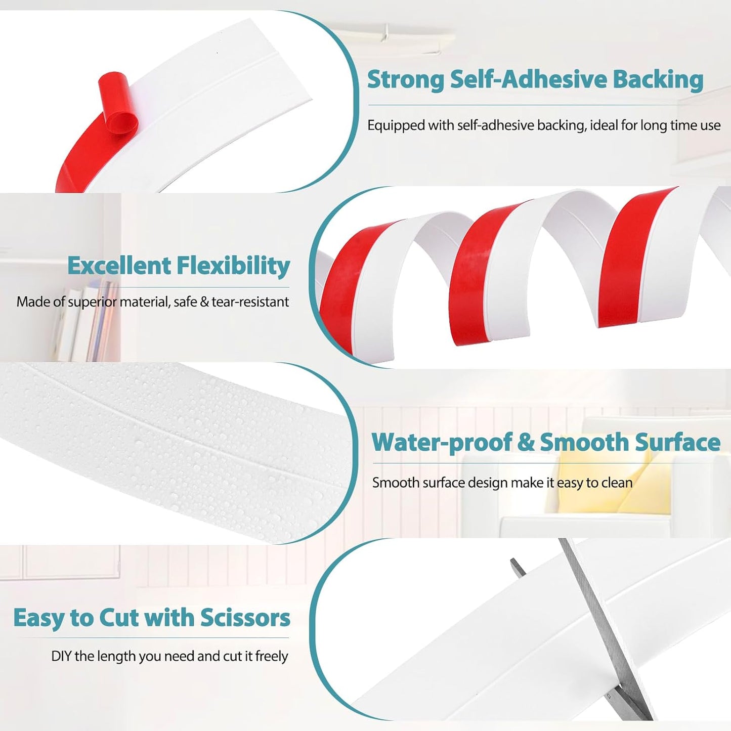 Weather Stripping Door Draft Stopper Flexible Self Adhesive Silicone Door Seal Strip for Glass Doors Windows and Shower Glass Gaps, 2 Inch Wide X 20 Feet Long, White