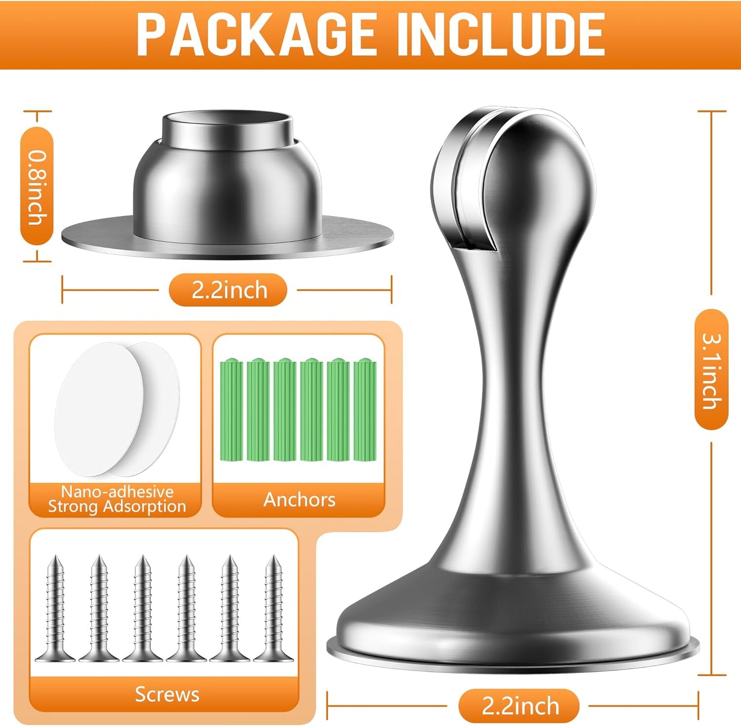 Crosize Magnetic Door Stoppers 2 Pack, Stainless Steel Door Catch for Wall and Floor Mounting, Door Holder Keep Door Open, No Drilling Door Stop with Adhesive Tapes, Silver