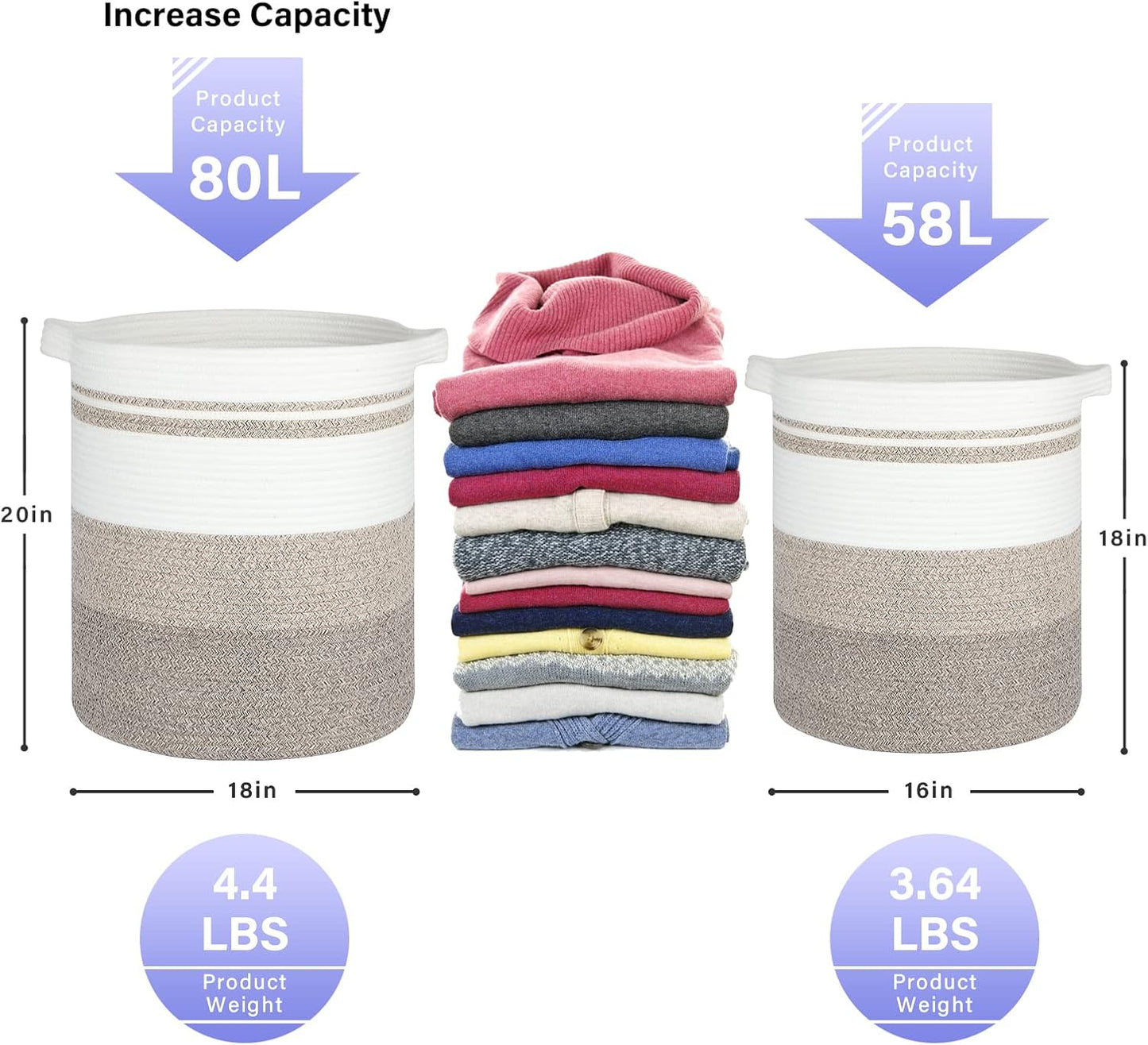 OIAHOMY 58L Laundry Baskets-Laundry Hamper, Storage Basket with Handles, Decorative Basket for Living room, Woven Storage Basket for Toys Bin, Pillows, Blankets, Clothes-18x16in-Gradient Brown