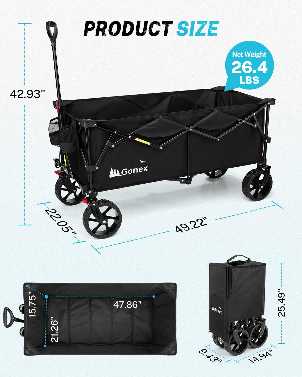 Gonex 48''L Collapsible Foldable Heavy Duty Oversized Wagon with 440lbs Weight Capacity, 300L Folding Large Utility Garden Grocery Shopping Cart with 8" H All-Terrain Wheels & 2 Drink Holders - Black