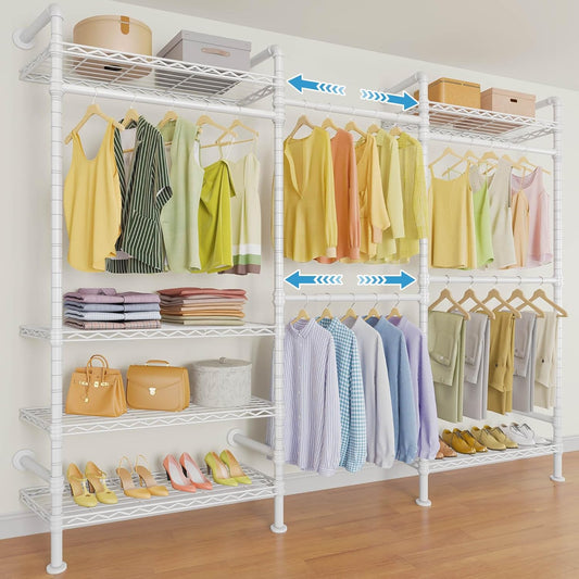 Timate F3 Garment Rack Heavy Duty Clothes Rack for Hanging Clothes, Expandable Industrial Pipe Wall Mounted Clothing Rack, Adjustable Storage Closet Wardrobe Closet Kit Walk in Closet Systems, White