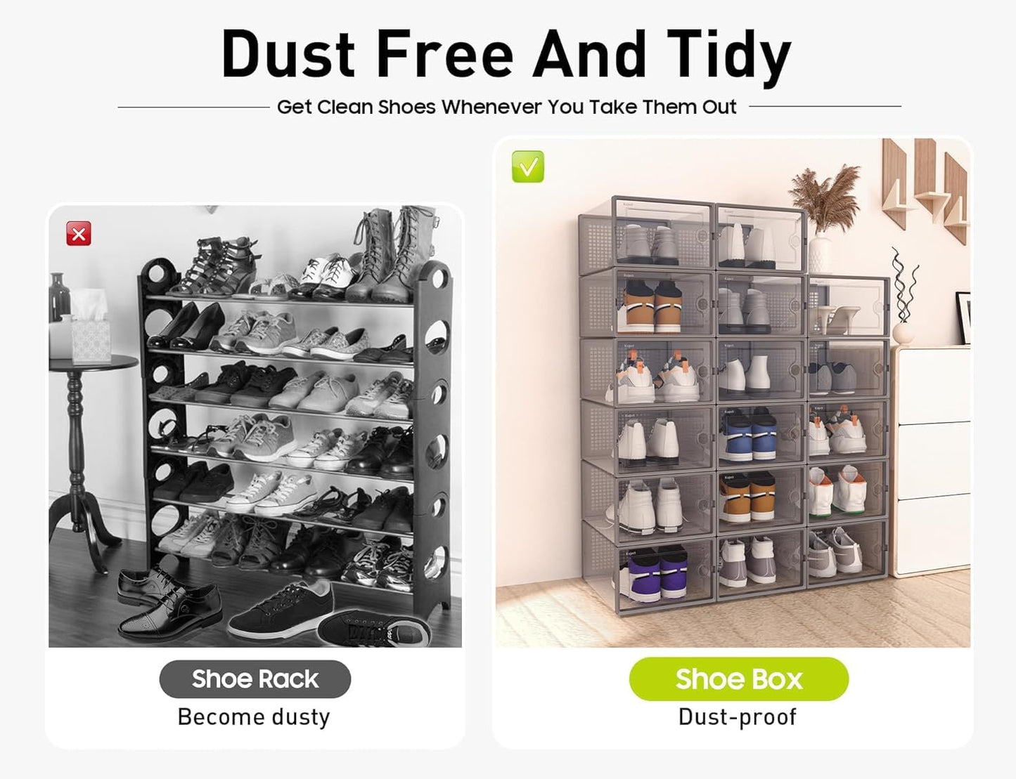 Kuject XX-Large Shoe Storage Boxes Organizers Clear Plastic Stackable 12 Pack, Shoe Rack & Holder Substitute, Sneaker Containers, Toy Storage Organizer Bins for Entryway, Closet, Under Bed, Grey