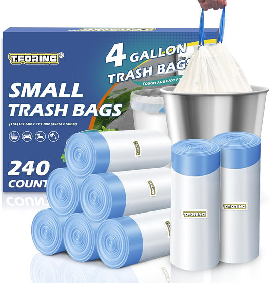 240 Count 4 Gallon Small Trash Bags Drawstring 1.1 Mil - White Garbage Bags Unscented for Bathroom, 15 Liter Thick Plastic Wastebasket Liners for Toilet Home Office and Bedroom