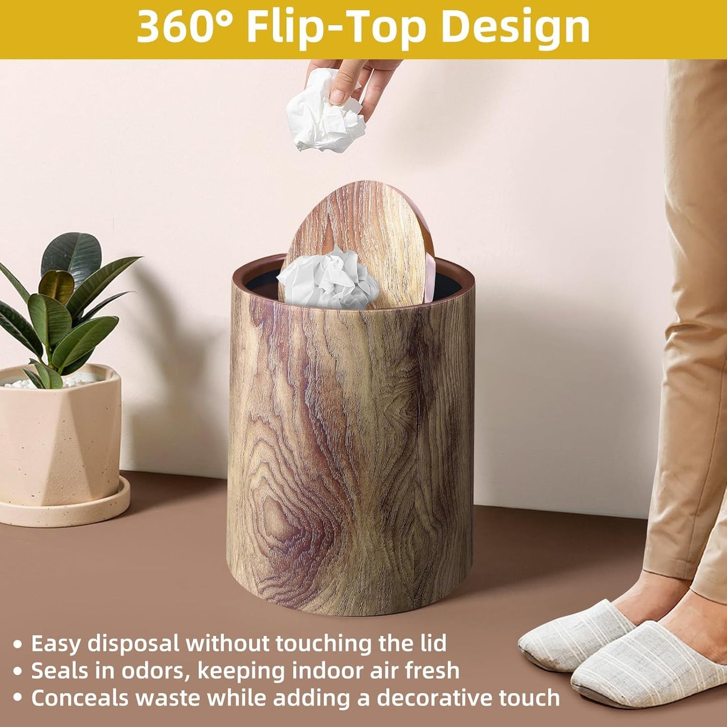 Wood Grain Plastic Trash Can Swing Top Lid, 4Gal/15L Farmhouse Wastebasket Bin Retro Style with Inner Bucket, Bathroom Trash Can Hidden Bag for Room Aesthetic, Round Brown Garbage Can 2pack