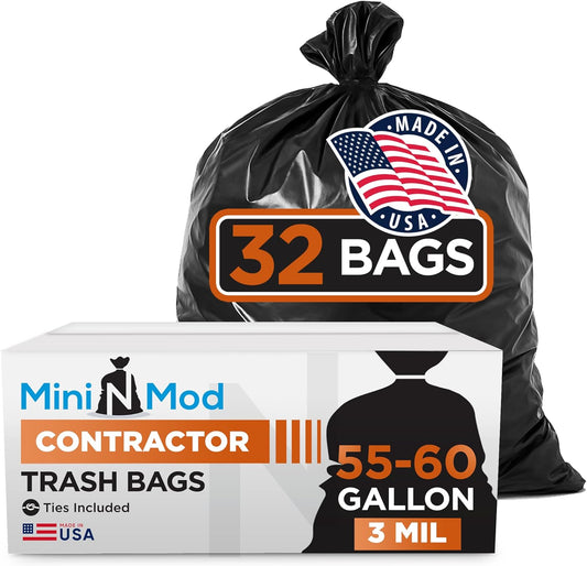 Contractor Garbage Bags 55 Gallon, Black Contractor Garbage Bag 3 Mil (32 Bags) Large 55-60 Gallon Trash Bags Heavy Duty Liners, Extra Large Trash Liners Construction, Industrial Bag