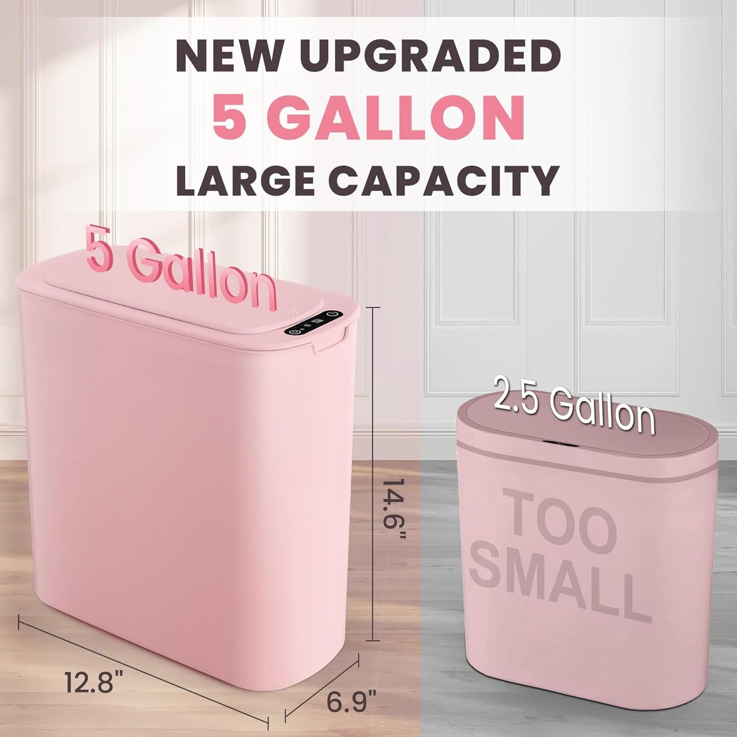 Cesun Motion Sensor Trash Can, 5 Gallon Automatic Bathroom Garbage Can with Lid, Touchless Smart Plastic Slim Wastebasket for Bathroom, Office, rv, Bedroom, Living Room, Pink
