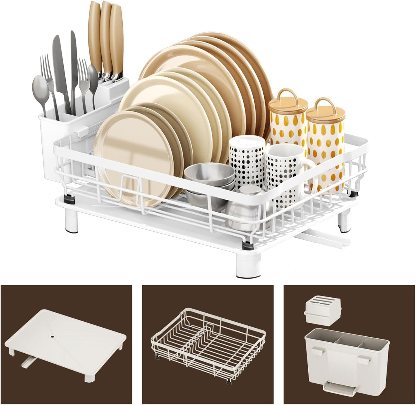 Iron Dish Drying Rack with Drainboard Dish Drainers for Kitchen Counter Extendable Spout Strainers with Utensil Holder and Knife Slots, White