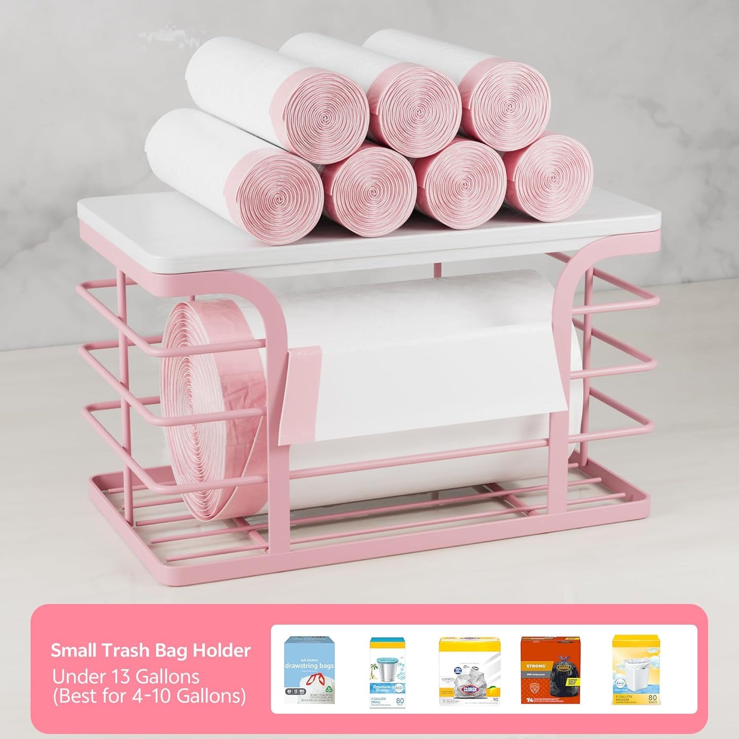 Small Grocery Bag Holder,Wall Mount Trash Bag Holder Dispenser with Bamboo Top,Suitable for Garbage Bags of 100 Rolls under 13 Gallons,Pink