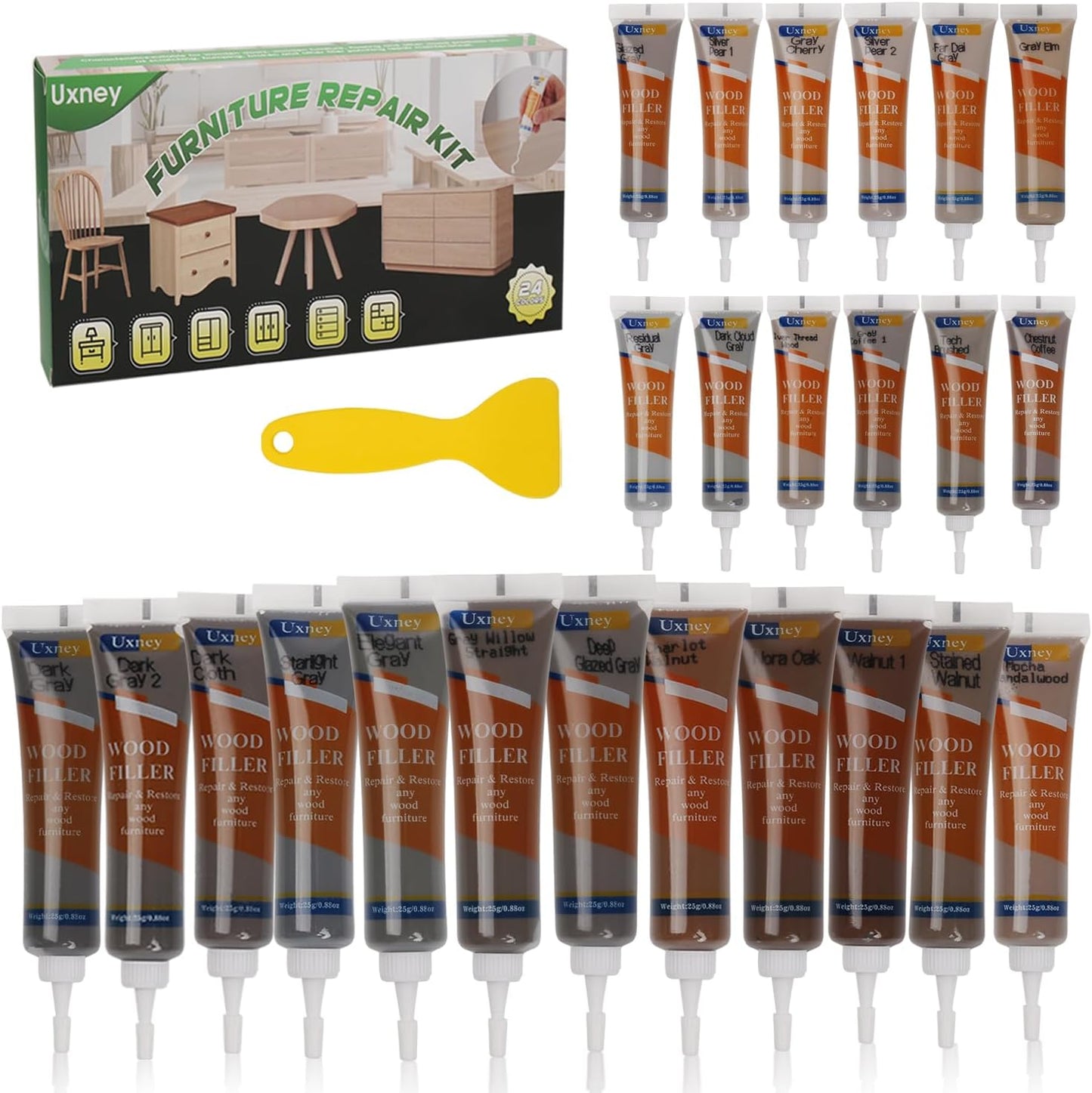Wood Furniture Repair Kit,24 Colors Wood Fillers,Scratch Repair Covers & Removers for Repairing Scratches,Cracks,Dings and Holes in Cabinets, Cut Panels(Gray Series)