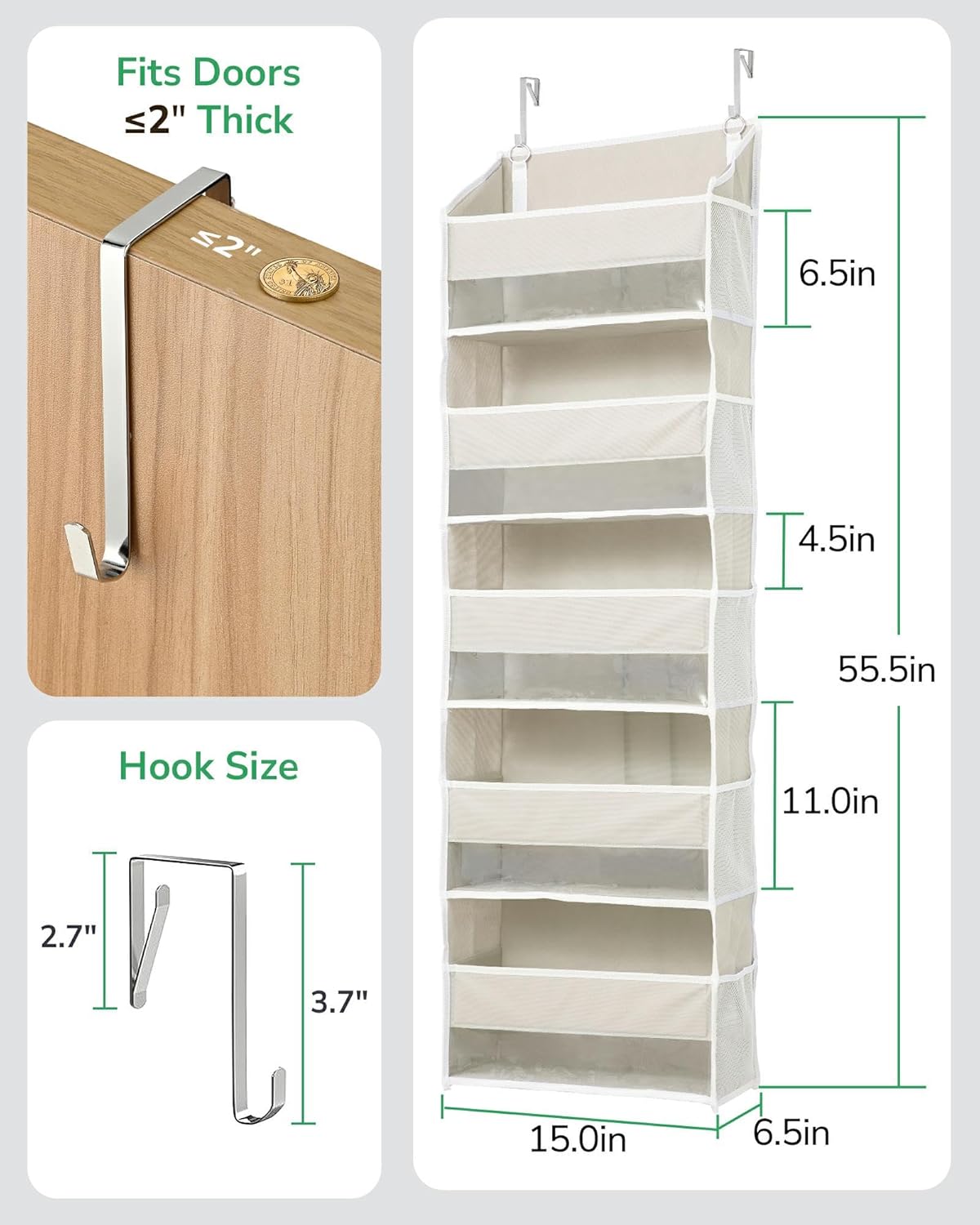 ULG 1-Pack Over Door Organizer with 5 Large Pockets 10 Mesh Side Pockets, 44 lbs Weight Capacity Hanging Storage Organizer with Clear Window for Bedroom Bathroom Kitchen, RV, Camper, Beige