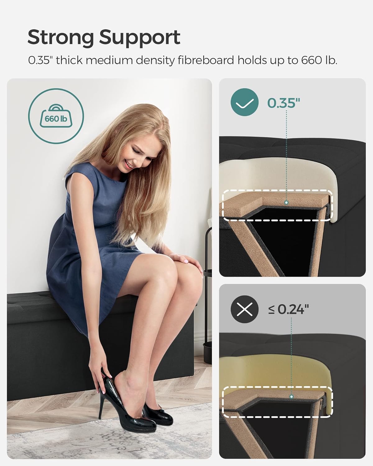 SONGMICS MAZIE Collection - 43 Inches Folding Storage Ottoman Bench, Ottoman Foot Rest, End of Bed Bench, Storage Chest, Load 660 lb, for Living Room, Bedroom, Entryway, Ink Black ULSF077B01