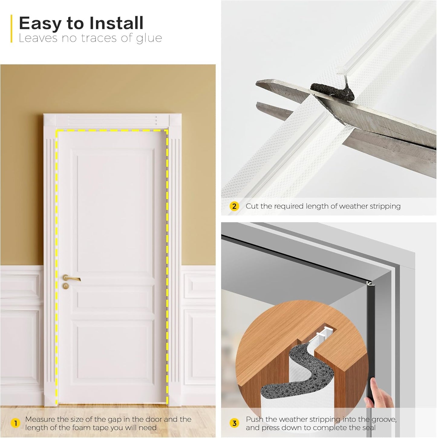 Weather Stripping Door Seal Strip - Soundproof Q-Shaped Foam for Exterior Door Frame, Large Gap Seal, Noise Cancelling, Easy to Install (White, 21FT)