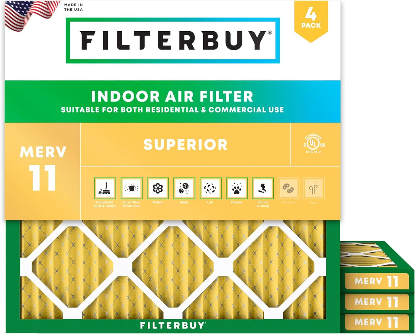 Filterbuy 17x17x1 Air Filter MERV 11 (MPR 1200) Allergen Defense Replacement (4-Pack), Electrostatic Pleated HVAC AC Furnace Filters, Made in USA (Actual Size: 17.00 x 17.00 x 0.75)
