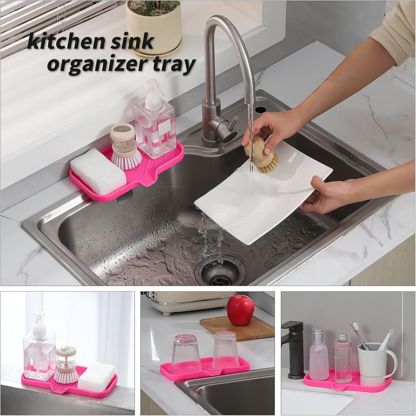 Silicone Bathroom Soap Dishes with Drain Spout-Bathroom and Kitchen Sink Organizer,Sponge Holder,Dish Soap Tray,Perfect for Dispenser,Scrubber,Bottle,Cup on Sink or Counter-Rose 9.6"×5.3"