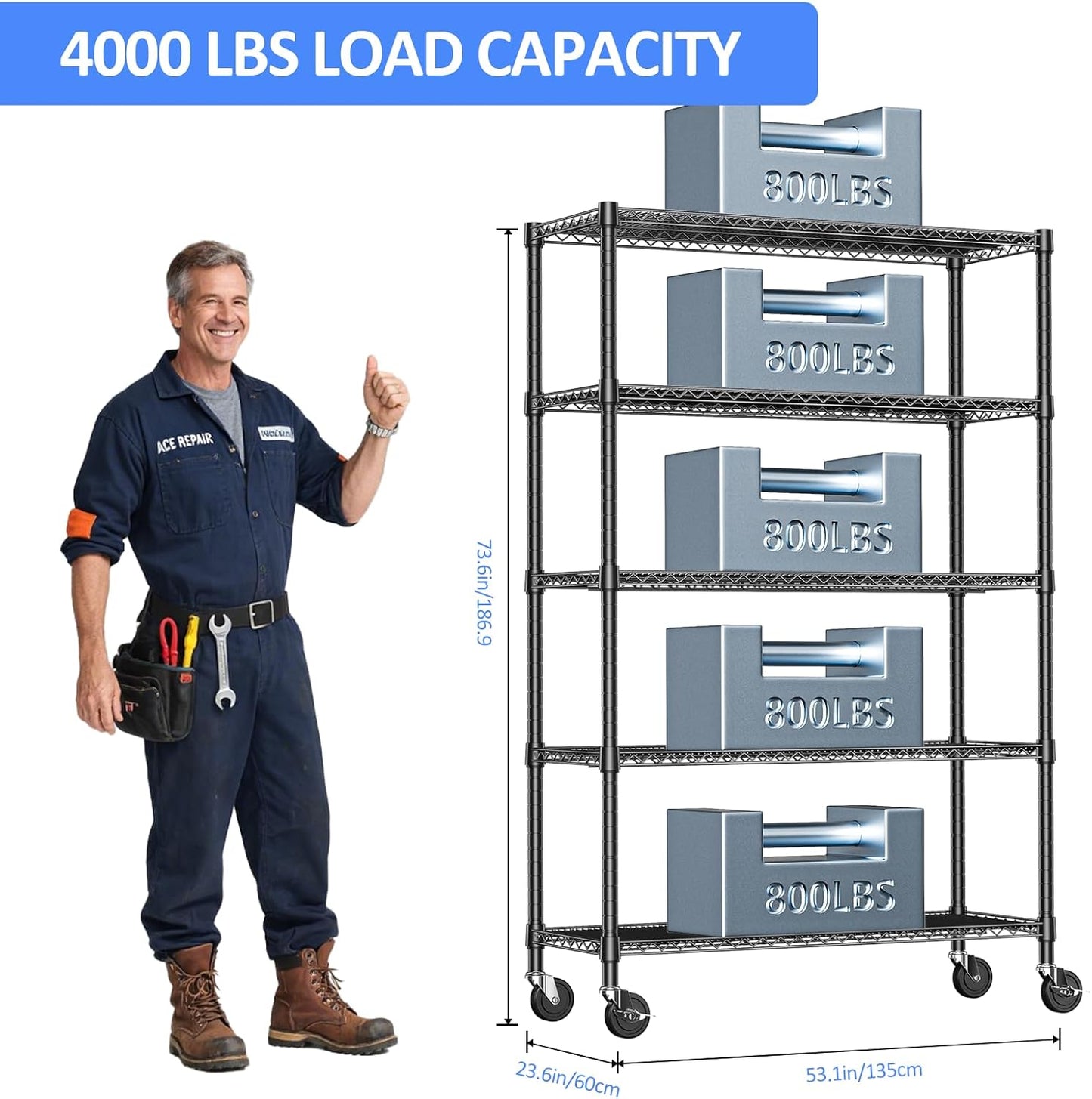 IZEUK Heavy Duty Garage Shelving, 5 Tier Wide Metal Storage Shelf Rack, Adjustable Utility Organizer for Basement, Warehouse, Garage, Black, 23.6" D x 53.1" W x 73.6" H