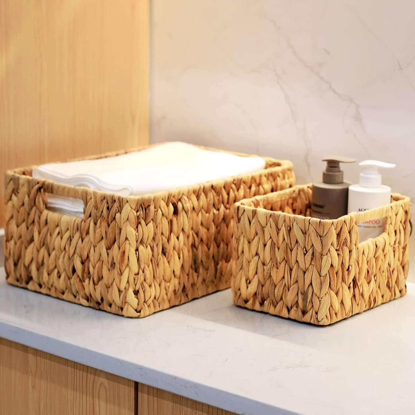 HOONEX Water Hyacinth Storage Baskets, Wicker Baskets for Storage, Hand Woven Baskets with Carry Handles, Set of 3, Natural