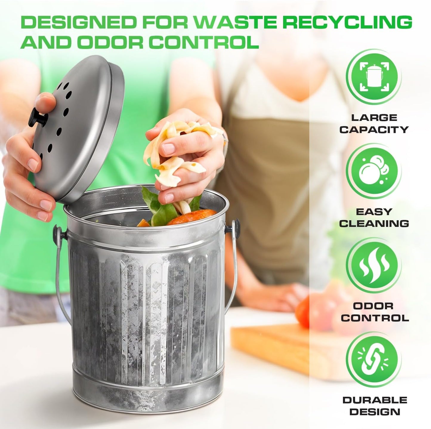 Plexon Countertop Compost Bin Kitchen Indoor, with Lid, Silver 1.5 Gallon Odorless Kitchen Compost Container, Steel Food Bucket Pail with Charcoal Filter, Silver