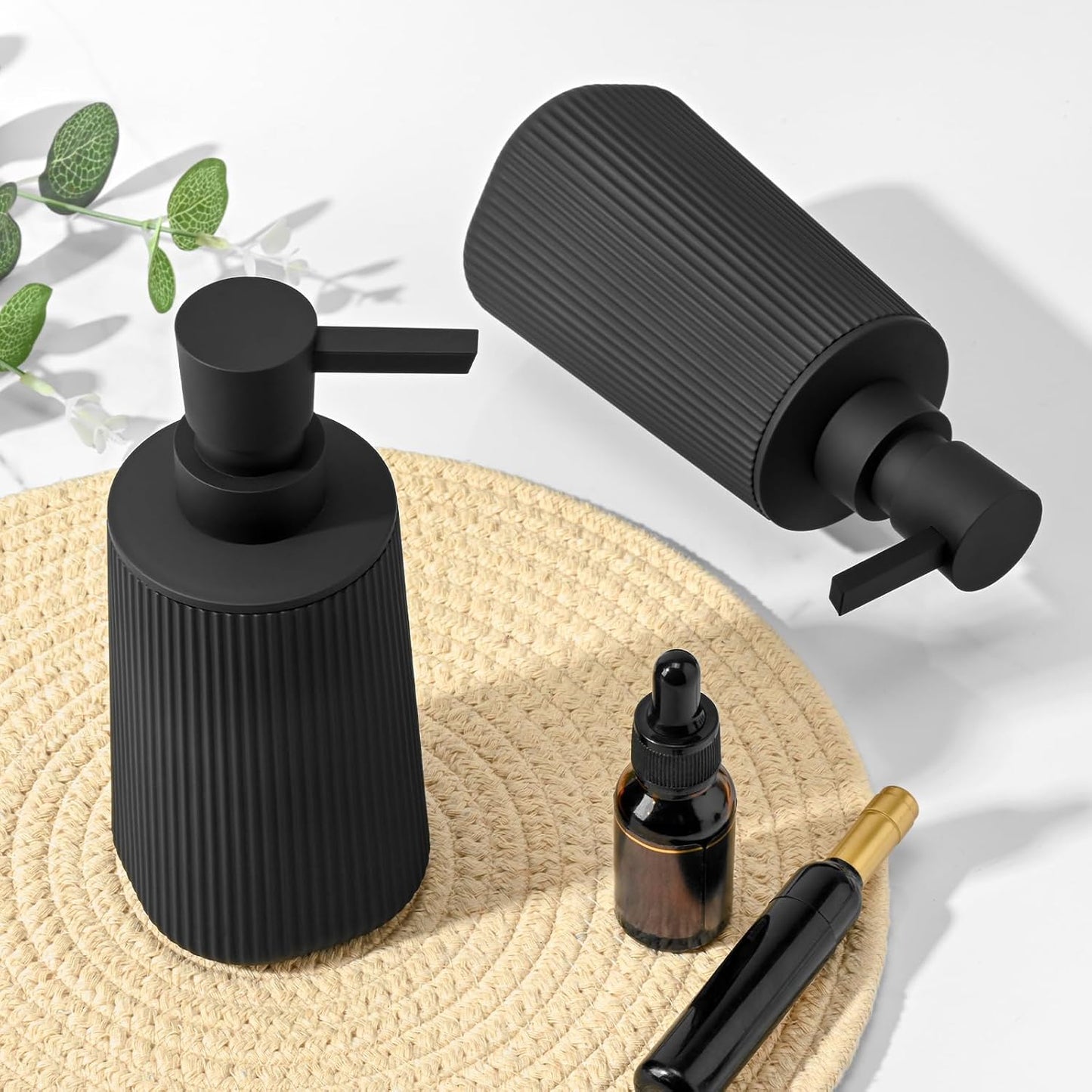 Black 2 Pack Hand Soap Dispensers with No Rust Pump for Bathroom and Kitchen Countertops Refillable Striped Matte Plastic 8.5 oz