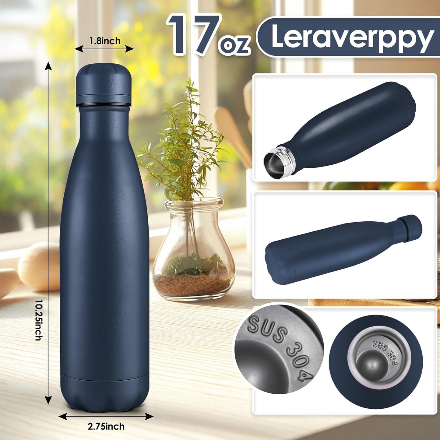 17oz Cola-Bottle Shaped Stainless Steel Leak-Proof Water Bottle,Double Wall Vacuum Insulated Metal,Travel Mug for Sports Indoors & Outdoors,BPA-Free School Kids Flasks,Navy(1Pack)