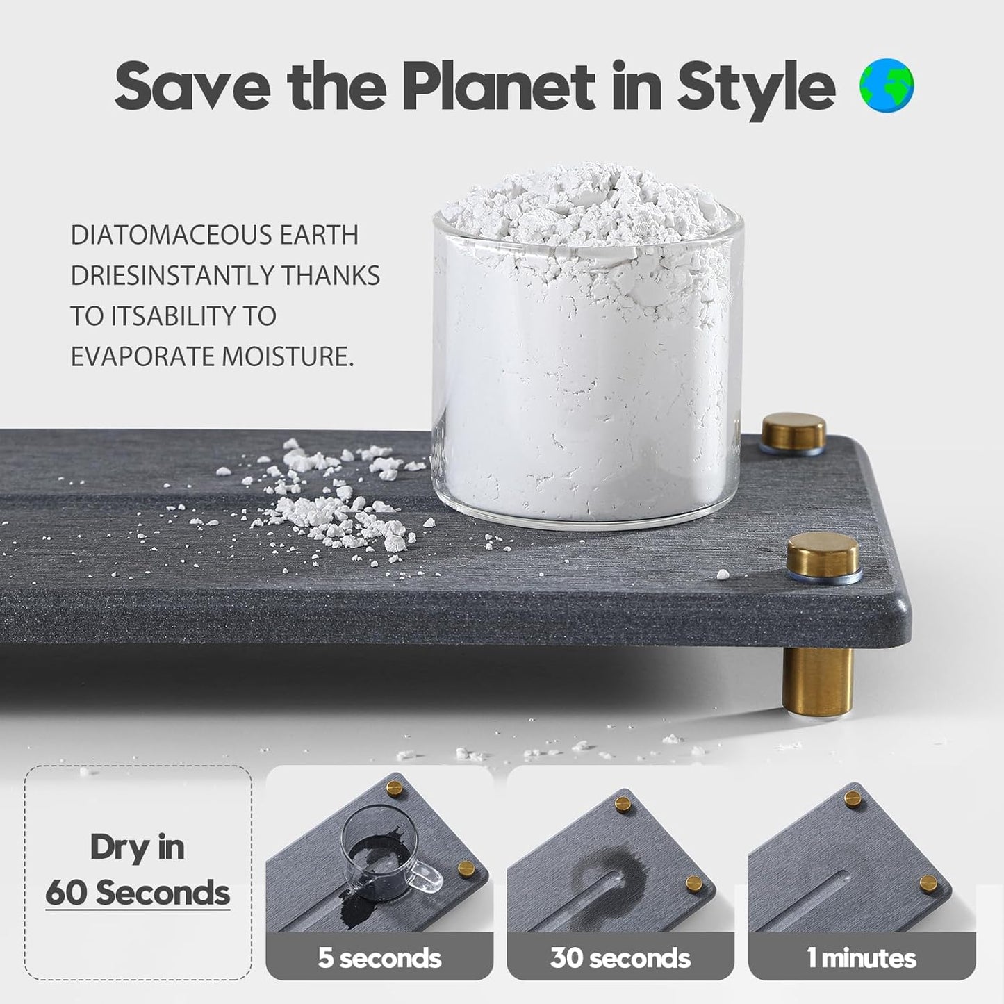 Kitchen Sink Caddy Water Absorbing Stone Drying Tray, Diatomite Bathroom Sink Organizer, Faucet Counter Mat Coaster, Soap Dish Rack Riser Dispenser Sponge Holder, Dark Gray Gold -12.5" x 4.5"