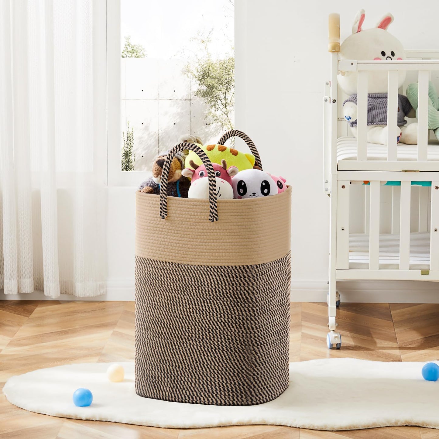 Laundry Basket,Woven Cotton Rope Laundry Hamper,Versatile Storage for Dirty Clothes,Baby Toys,and Blankets in Bathroom, Nursery,and Living Room (Jute, 60L)