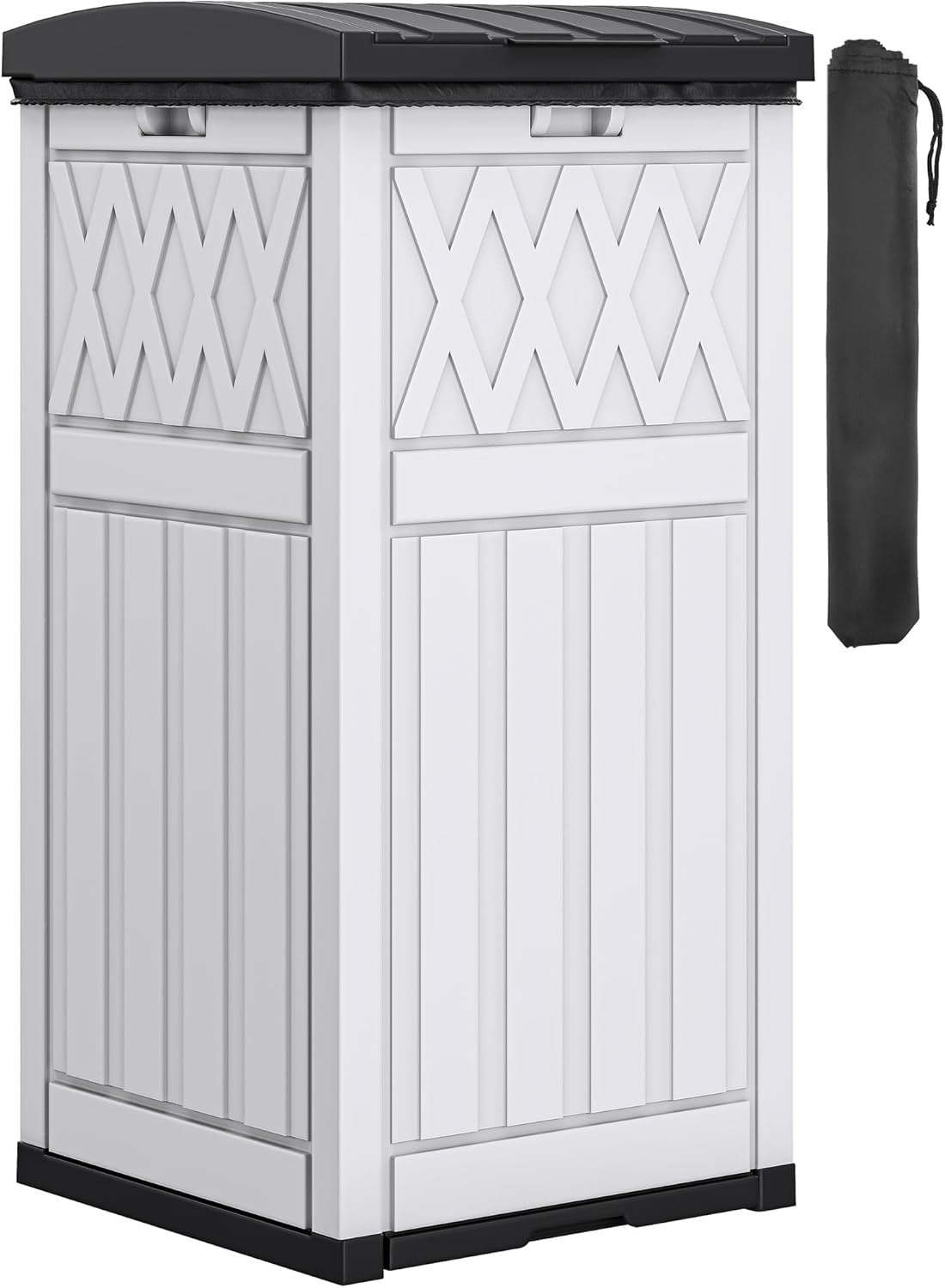 DWVO 36-Gallon Outdoor Trash Can with Fabric Bag, Tiered Lid & Drip Tray, Waterproof Resin Garbage Bin for Patio, Deck, and Backyard, White & Black