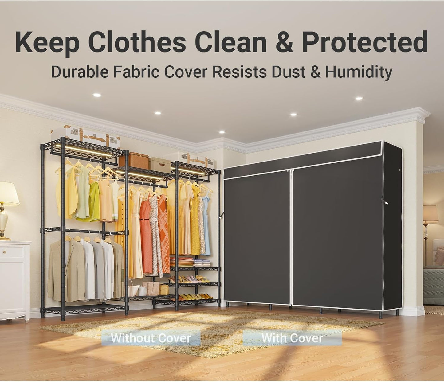 VIPEK V5LC Garment Rack Heavy Duty Covered Clothes Racks with Dimmable LED Light 3000K Warm White, Portable Closet Wardrobe Freestanding Clothing Racks for Hanging Clothes, Black Rack with Black Cover