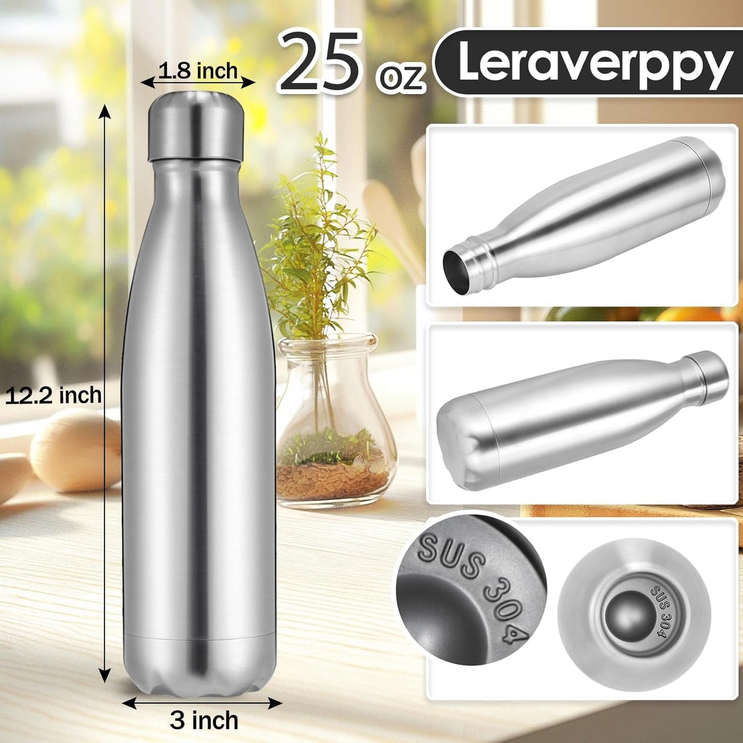 25oz Cola-Bottle Shaped Stainless Steel Leak-proof Water Bottle,Double Wall Vacuum Insulated Metal,Travel Mug For Sports Indoors & Outdoors,BPA-Free School Kid FlaskS,Silver(4 Pack)