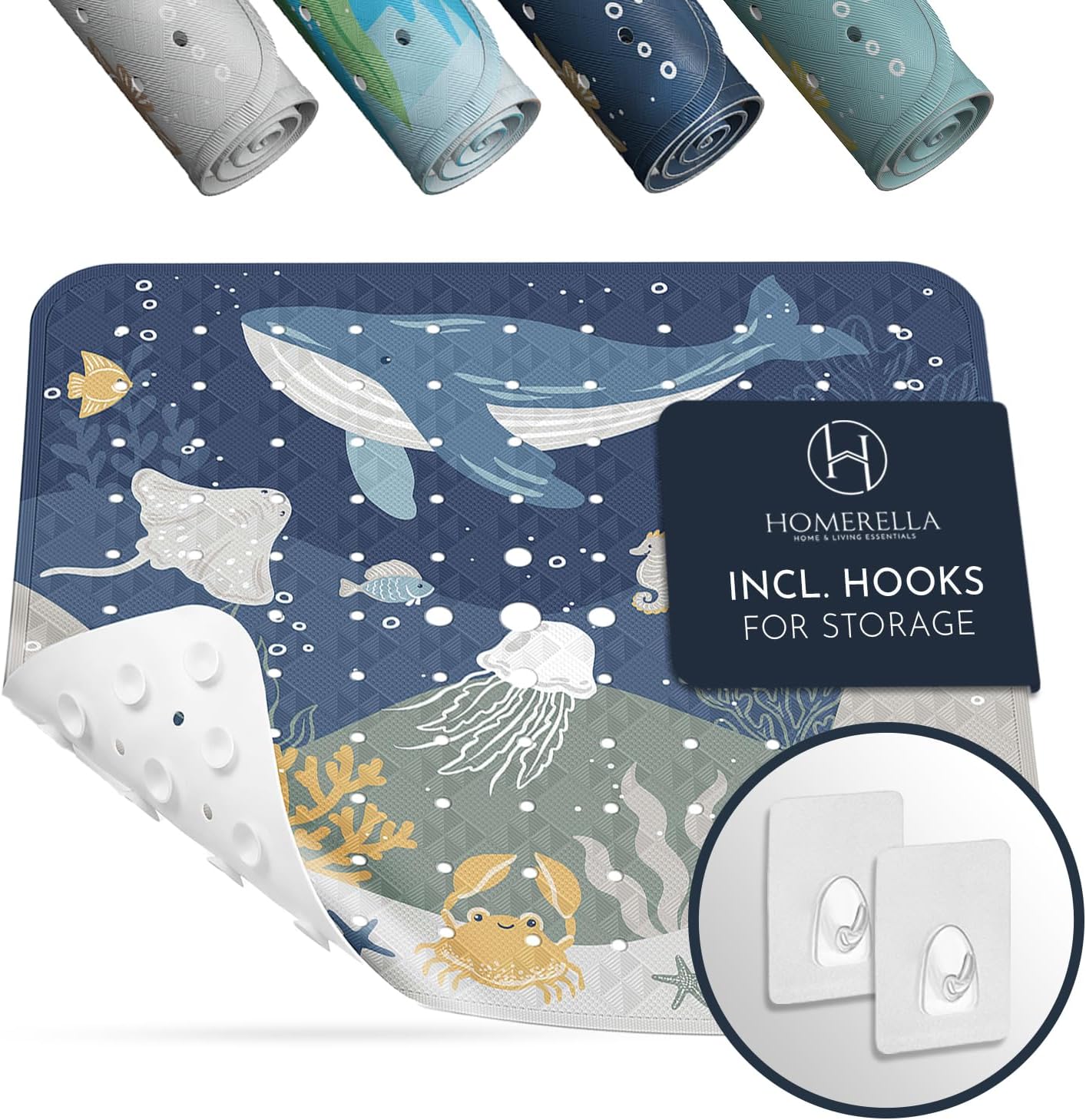 Homerella Anti Slip Shower Mat | Anti Mold Non Slip Bathtub Mat for Inside Shower | Square Floor Shower Mat 21 x 21 inch with Suction Cups for Grip & Hooks Hanging and Quick Drying | Machine Washable