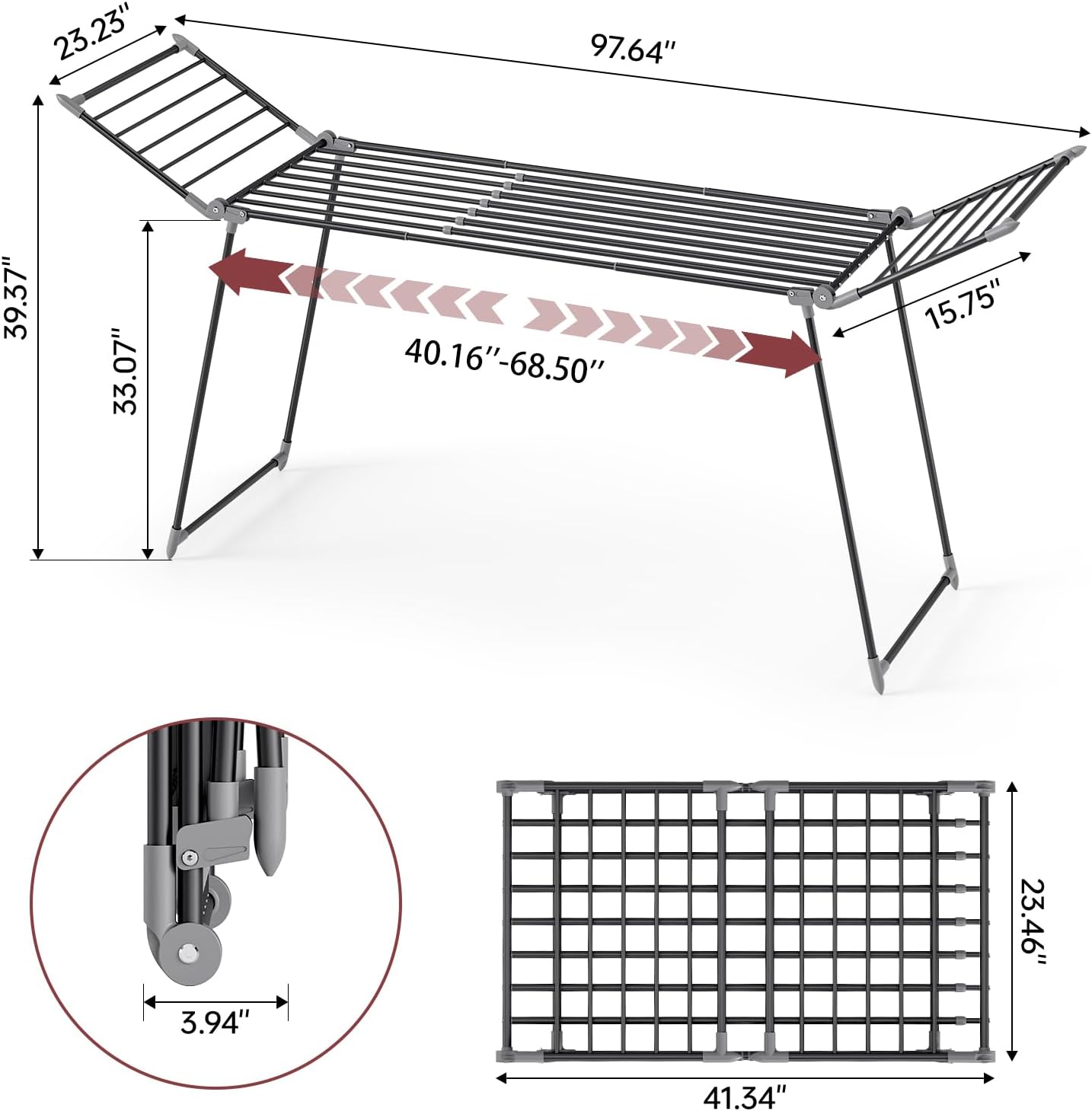 APEXCHASER Clothes Drying Rack Foldable, Large Drying Rack for Clothing Retractable, Winged Laundry Rack Folding Indoor Outdoor, Metal Clothes Airer for Bedding Towel Sweater Heavy Duty, Black