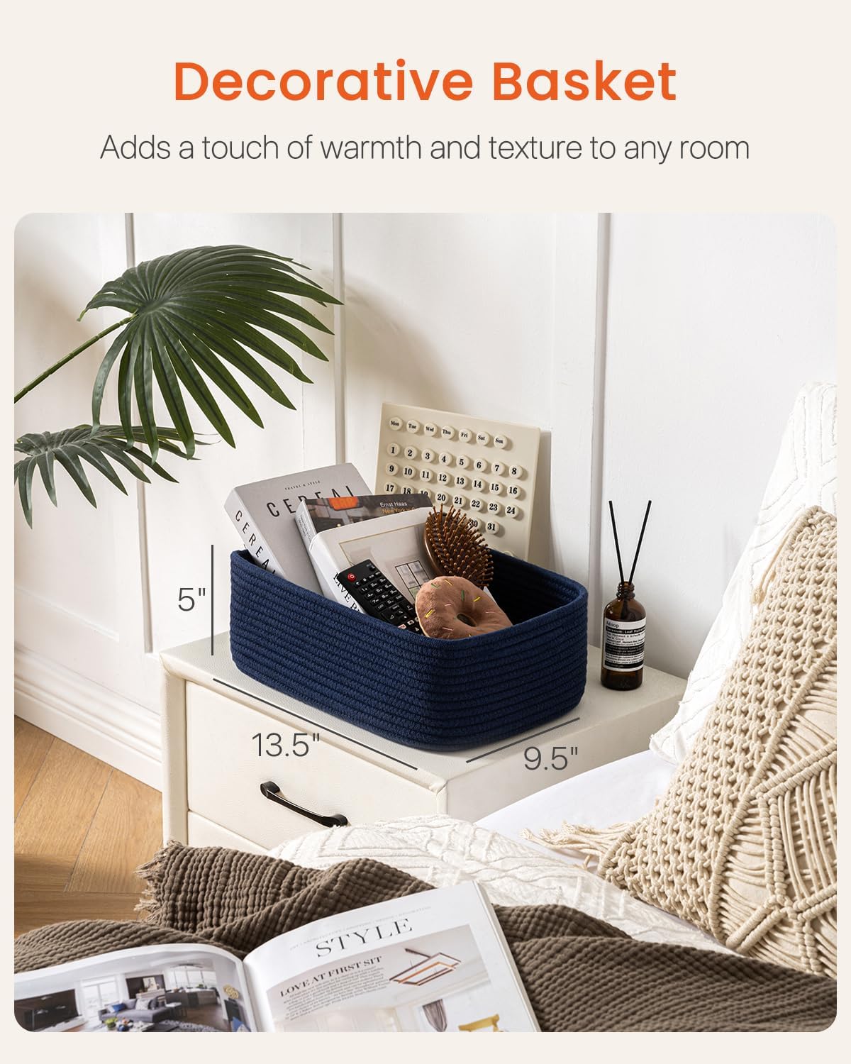 Small Woven Basket, 13.5 x 9.5 x 5 Inches, Storage Basket for Organizing, Cute Small Rope Shelf Closet Cube Storage Bins Baskets for Shelves, Dog Toy Gift Baskets Empty, 3 Packs, Navy Blue