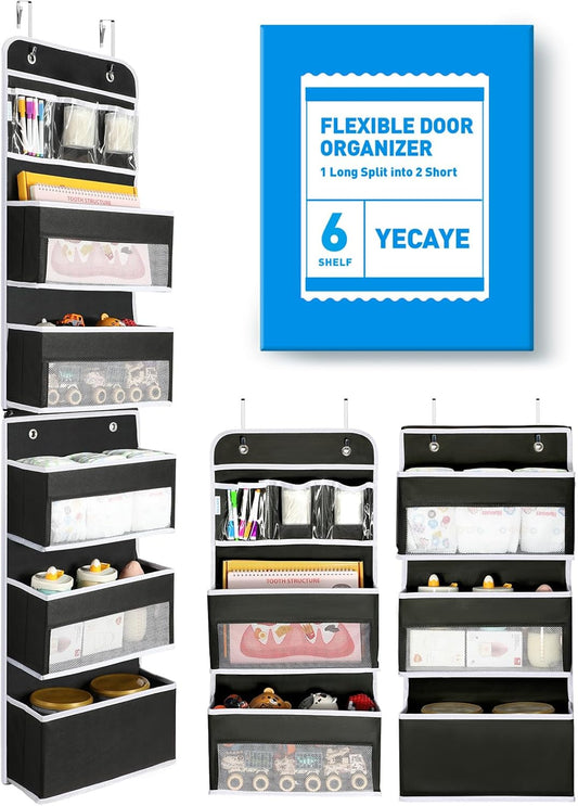 Yecaye 6-Tier Over The Door Storage Organizer, Flexible 1 Split into 2 Swing-Proof Hanging Bathroom Organizer, Bedroom Organizers and Storage for Newborn Baby Essentials, Black