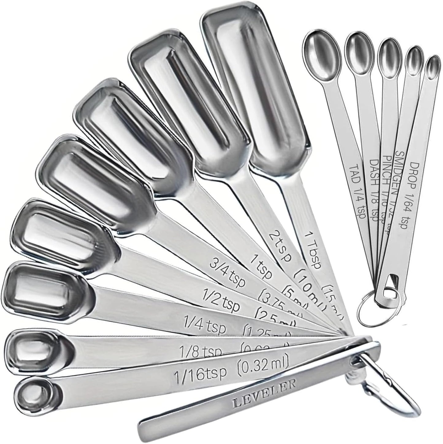 Stainless Steel Measuring Spoons Set of 14 with Leveler, Rectangular Teaspoon & Tablespoon Measuring Spoons for Dry & Liquid Ingredients, Slim Design Fits in Spice Jars