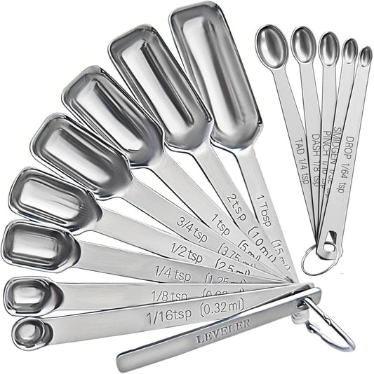 Stainless Steel Measuring Spoons Set of 14 with Leveler, Rectangular Teaspoon & Tablespoon Measuring Spoons for Dry & Liquid Ingredients, Slim Design Fits in Spice Jars