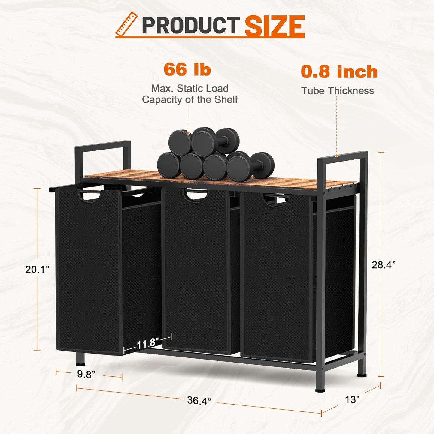 Laundry Hamper, Laundry Sorter with 3 Pull-Out Removable Oxford Fabric Bags Cloth Laundry Basket 3 x 10 Gallons (Black and Rustic Brown)