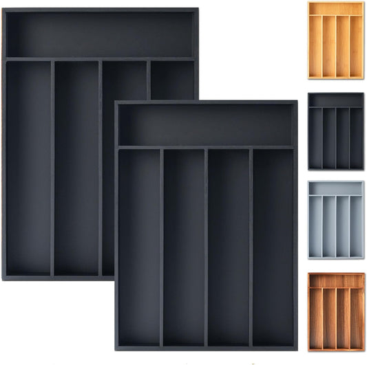 Silverware Organizer, 2 Pack 10 Inch Utensil Organizer Kitchen Drawer Organizer Bamboo Silverware Holder Cutlery Tray Organizer in Drawer Flatware Organizer Tray(5 slots, Black）