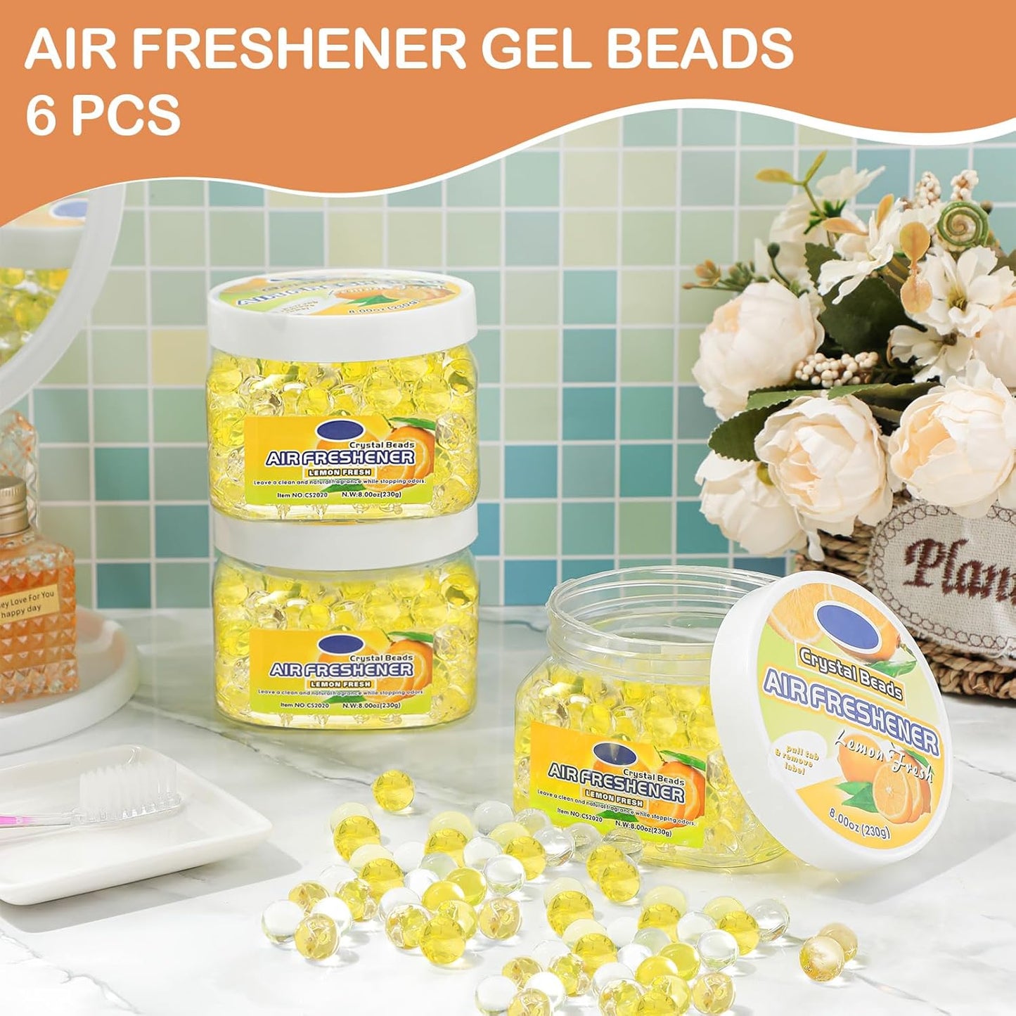 6 Pcs Air Freshener Gel Beads Bulk Odor Eliminator Beads Odor Removing Gel for Home, Bathrooms, Cars, Boats, RVs, Pet Areas, Room, Toilet 8 oz(Yellow Lemon)