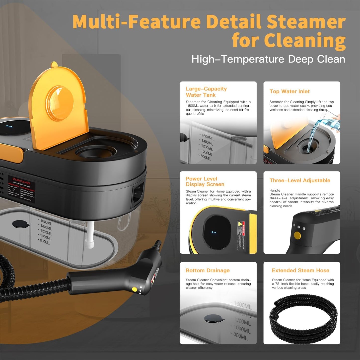 Steam Cleaner, 3-Level Adjustable Handle, 15s Heat-Up, 1.69 Quarts Tank, Portable Steamer for Cleaning with 15 pcs Accessories, Steam Cleaner for Home for Dirt, Grease, Grout, Tile,Floor, Car