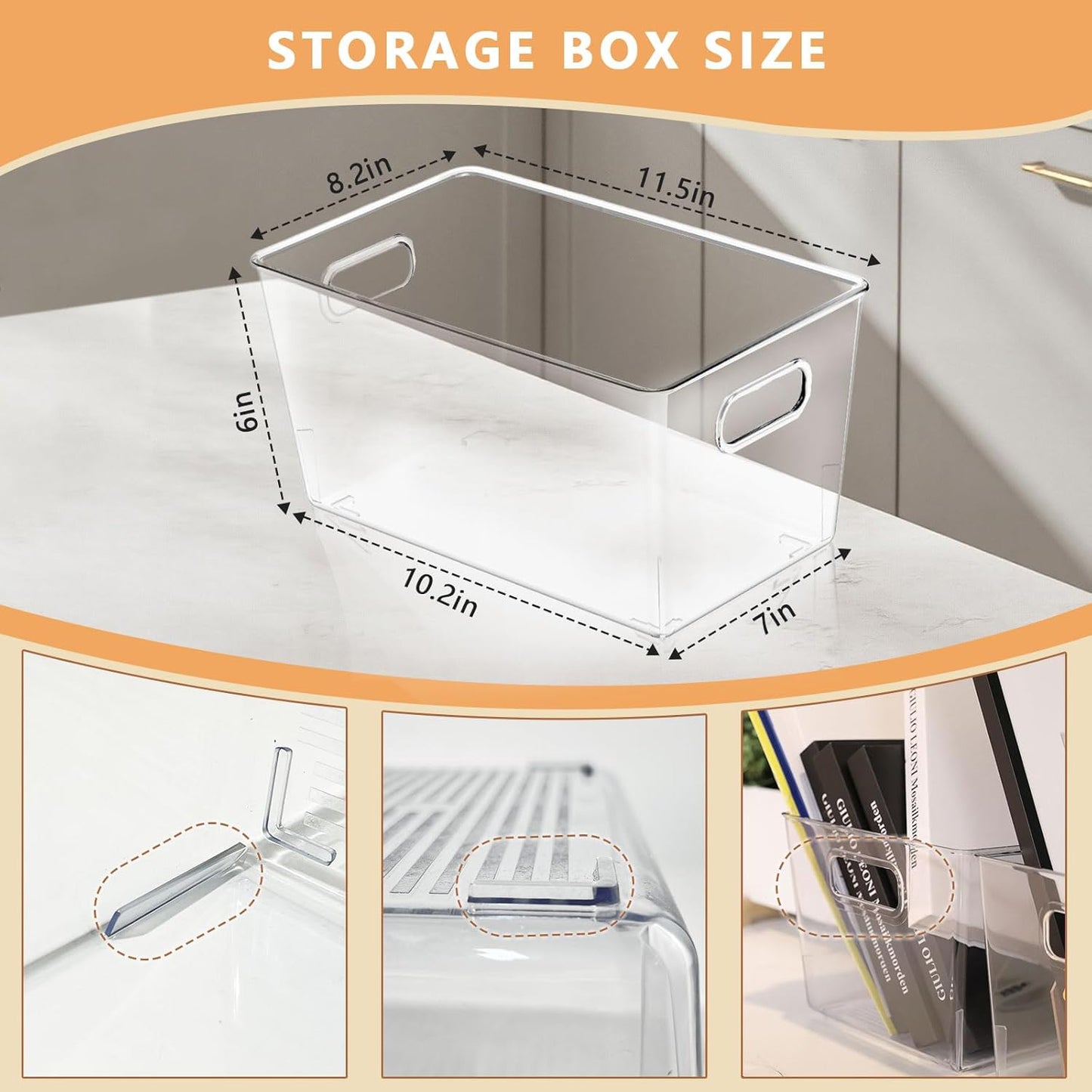 MOONEDGE 4-Pack Clear Plastic Storage Bins — Open-Top PET Organizers and Storage, 11" x 8" x 6" Storage Containers Ideal for Refrigerator, Pantry, Fridge Organization and Countertop Storage