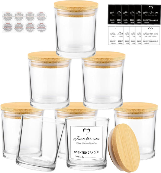 CONNOO 8 Pack 14 OZ Clear Glass Candle Jars with Bamboo Lids for Making Candles, Large Size Empty Candle Tins with Sticky Labels - Leakproof & Dishwasher Safe.